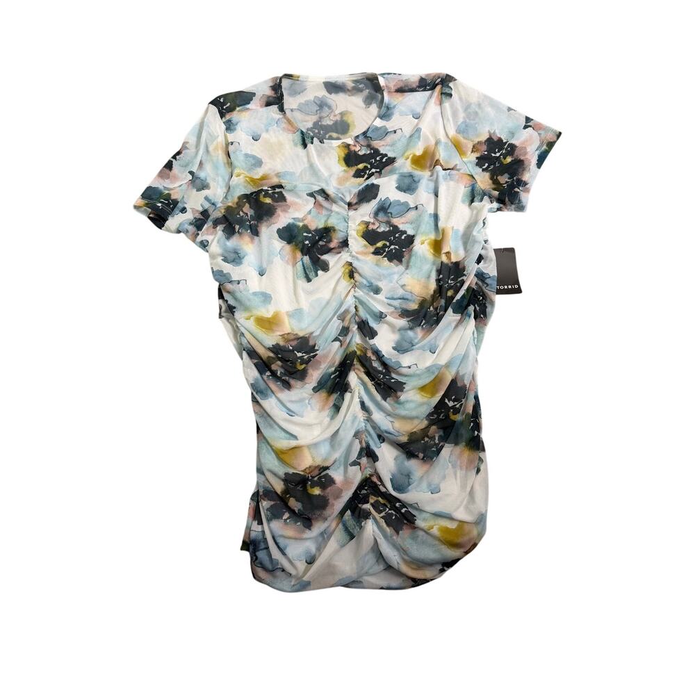 Torrid Women's Floral Stretch Mesh Crew Neck Ruched Top - Size 2X - NWT